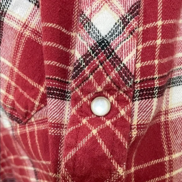 Wrangler Rancher Red Plaid Flannel Button-Down Shirt Pearl Snap Buttons, Size - Picture 5 of 8